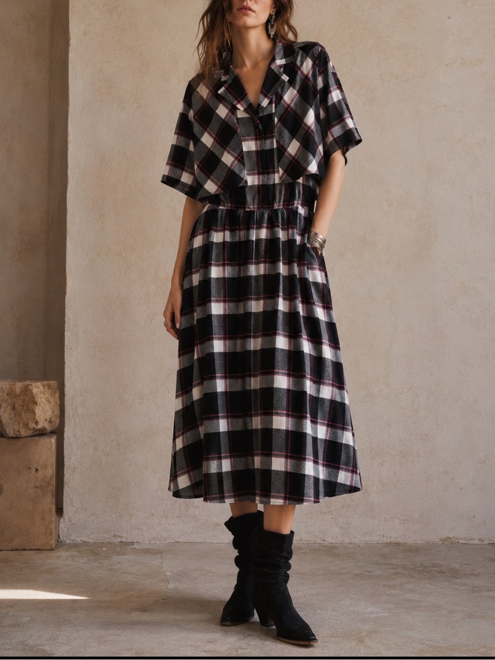 Tobi Black and White Plaid Midi Shirt Dress
